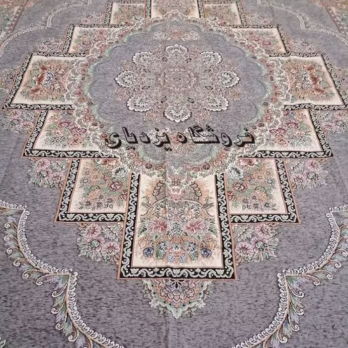 روفرشی 9 متری مخمل زرکدار طوسی طرح زیبای حوض نقره