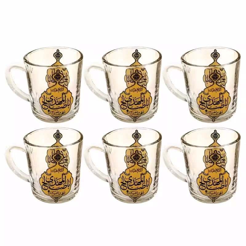 103223-نیم لیوان یا استکان مذهبی هیئتی دسته دار مدل تذهیب یا اباصالح المهدی عج-6تایی