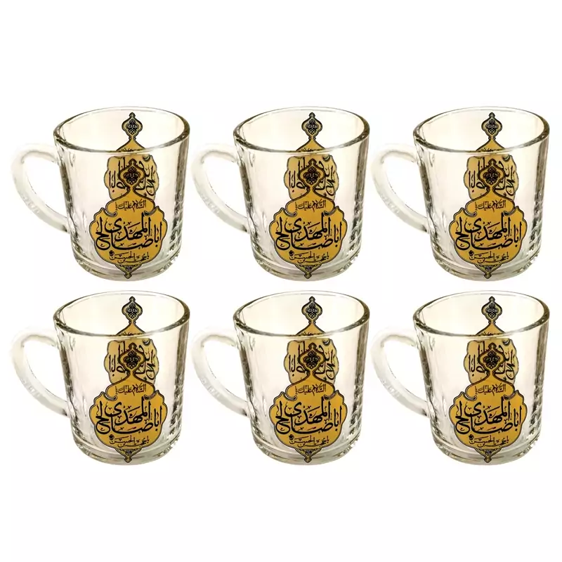 103223-نیم لیوان یا استکان مذهبی هیئتی دسته دار مدل تذهیب یا اباصالح المهدی عج-6تایی