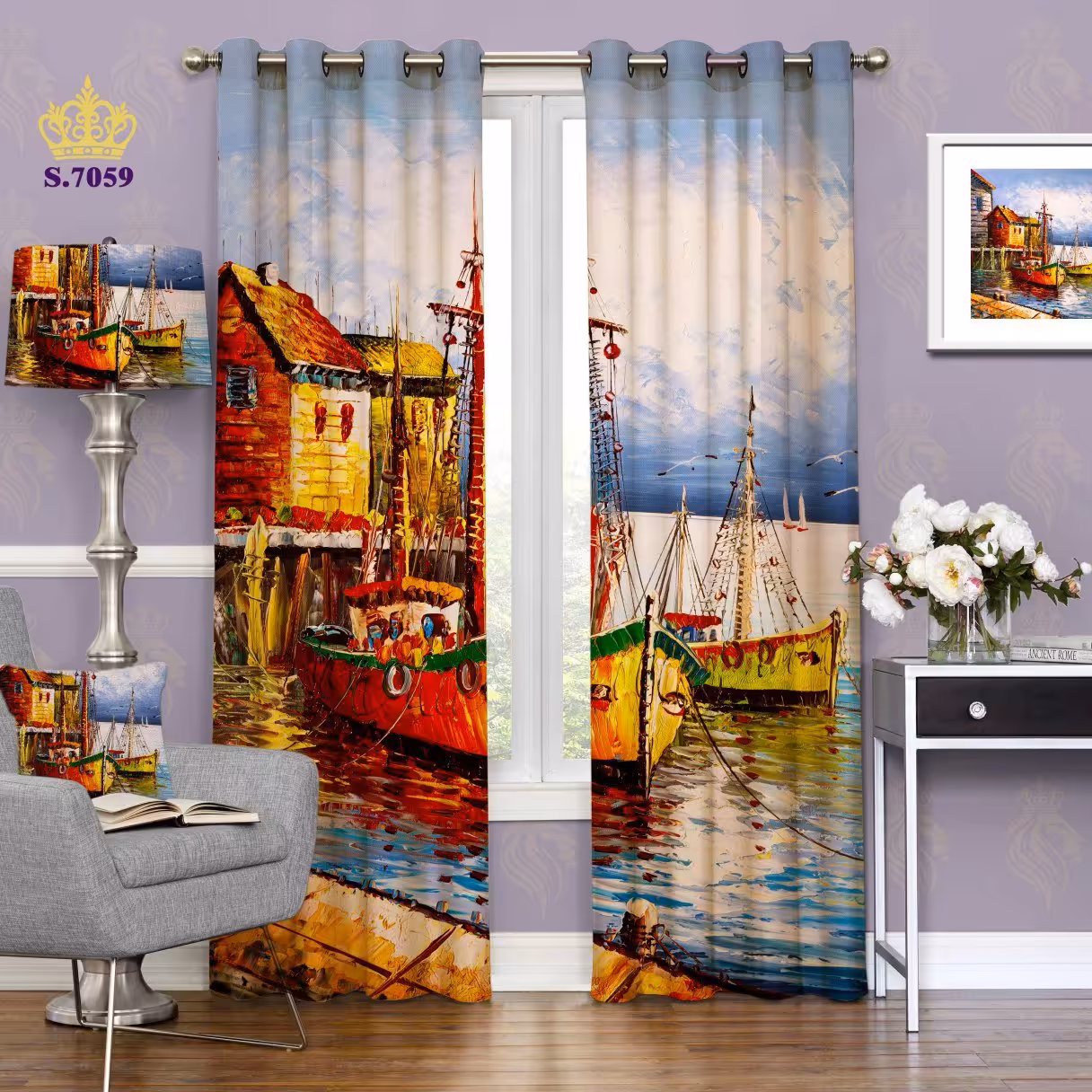 پرده پذیرایی دو قواره پانچ منظره طرح نقاشی اسکله کد S7059