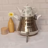 کتری قوری روگازی اف ار کد 103دماوند سفید سماور شیردار کف چدن دسته نسوز قوری چینی