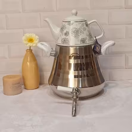 کتری قوری روگازی اف ار کد 103دماوند سفید سماور شیردار کف چدن دسته نسوز قوری چینی