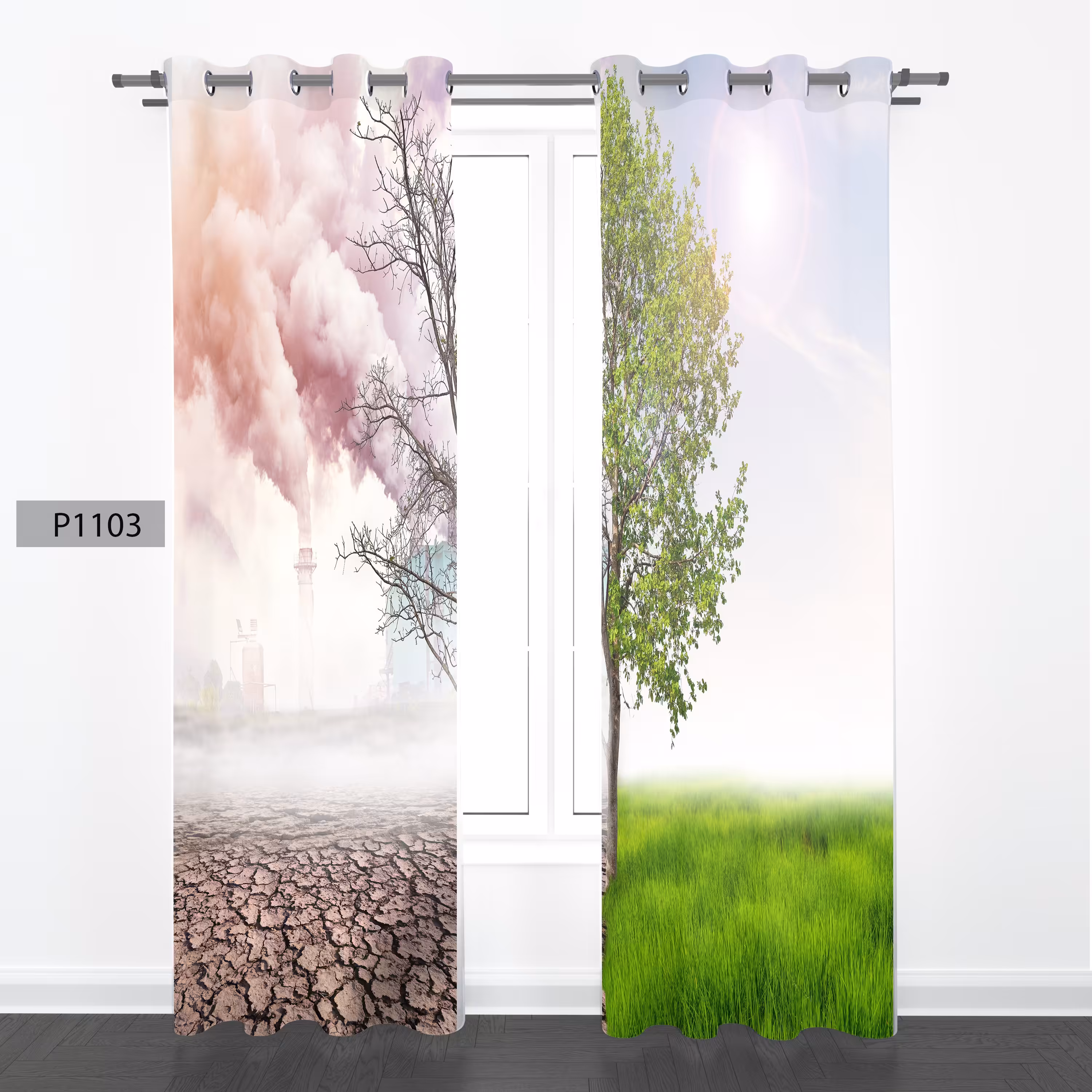 پرده هازان چاپی دوقواره دوخته شده پانچ شده هر قواره عرض 140ارتفاع 190 کد1103