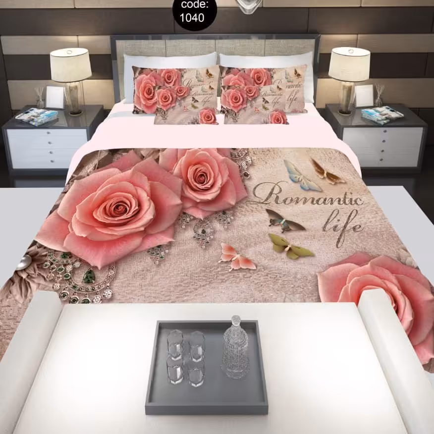 سرویس  روتختی دونفره 8تکه چاپی قابل ست با پرده با انتخاب جنس پارچه کد 1040