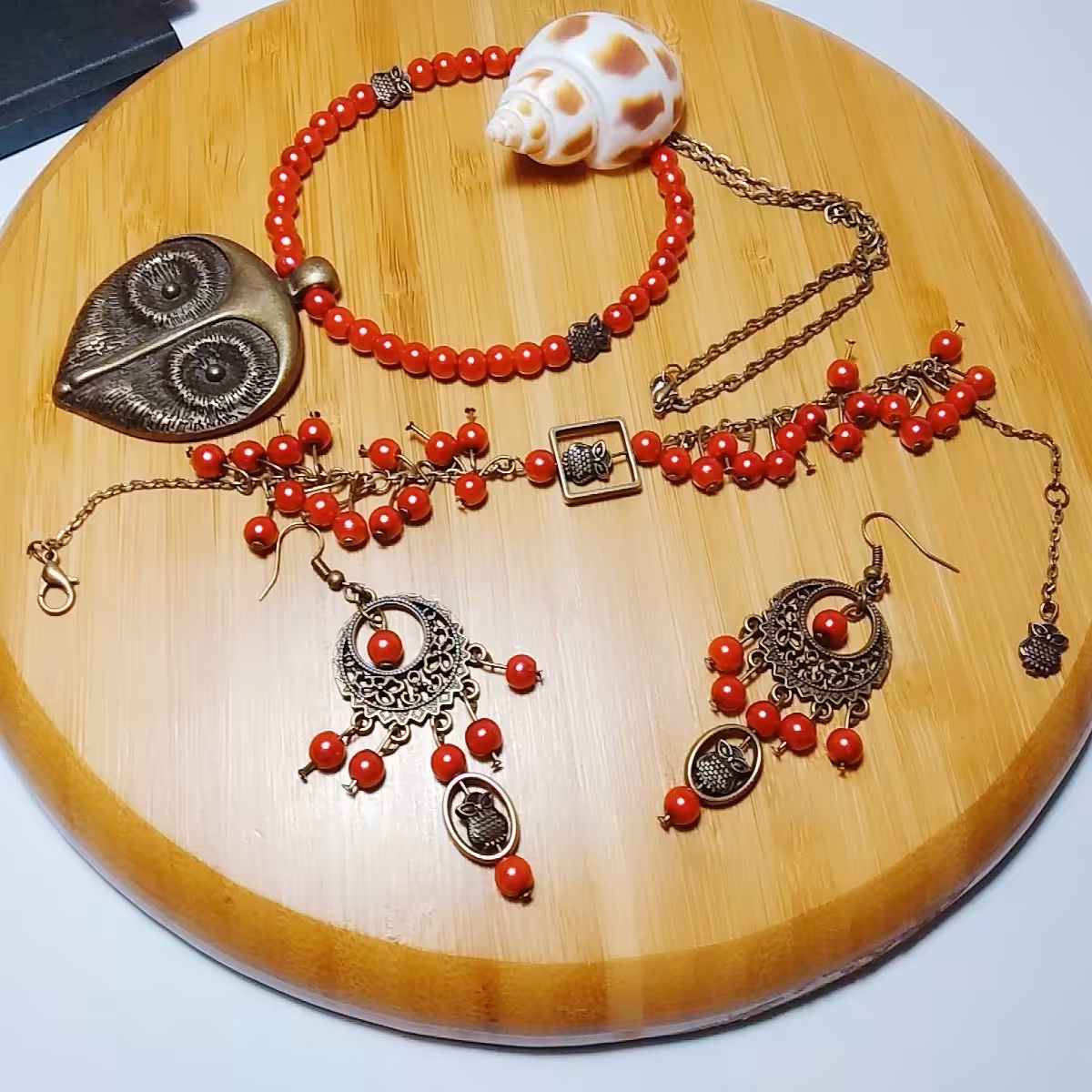 ست کامل عمو جغد شاخدار ترکیب مروارید سنگی درجه یک و برنز