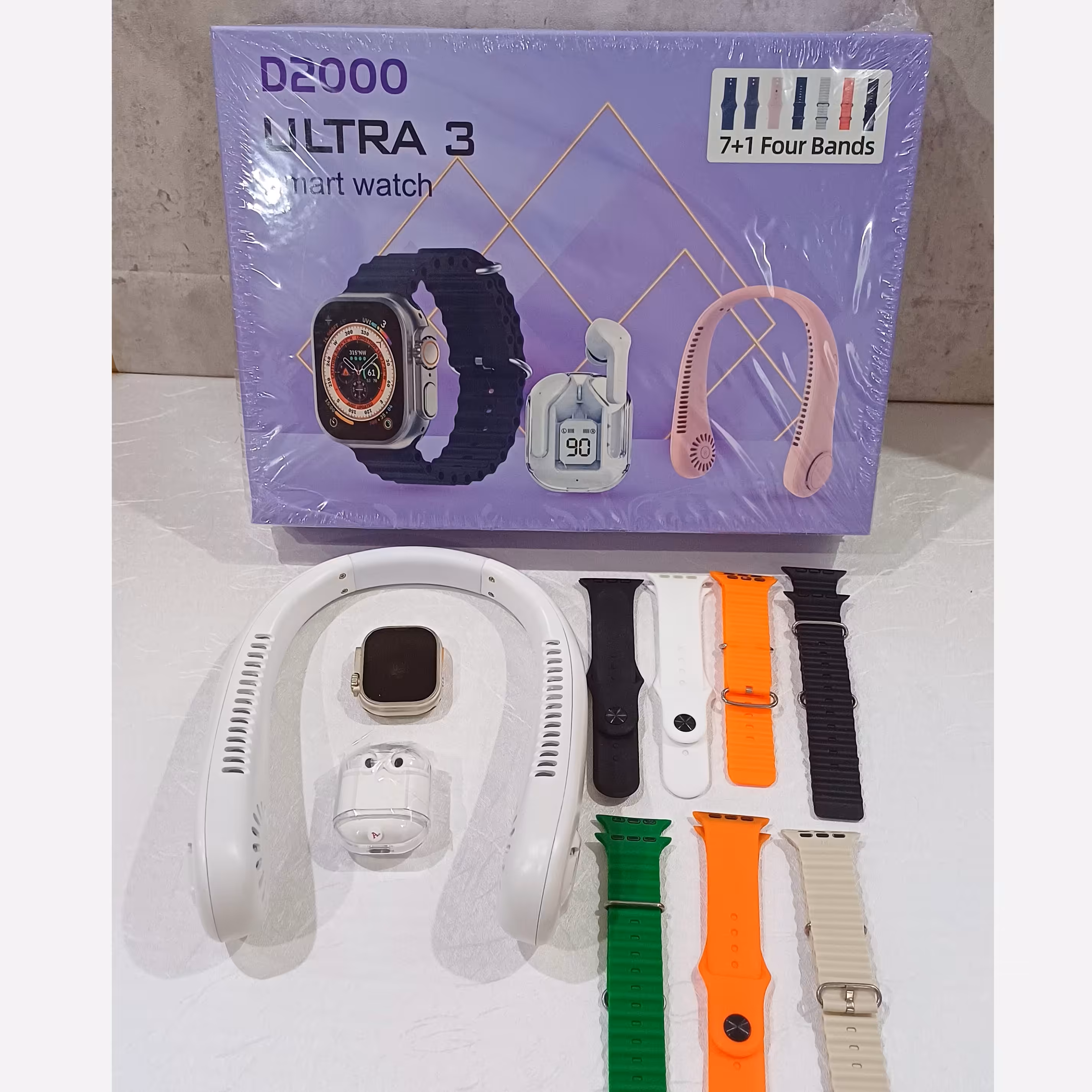 ساعت هوشمند به همراه ایرپاد و پنکه گردنی مدل D2000 با کیفیت 