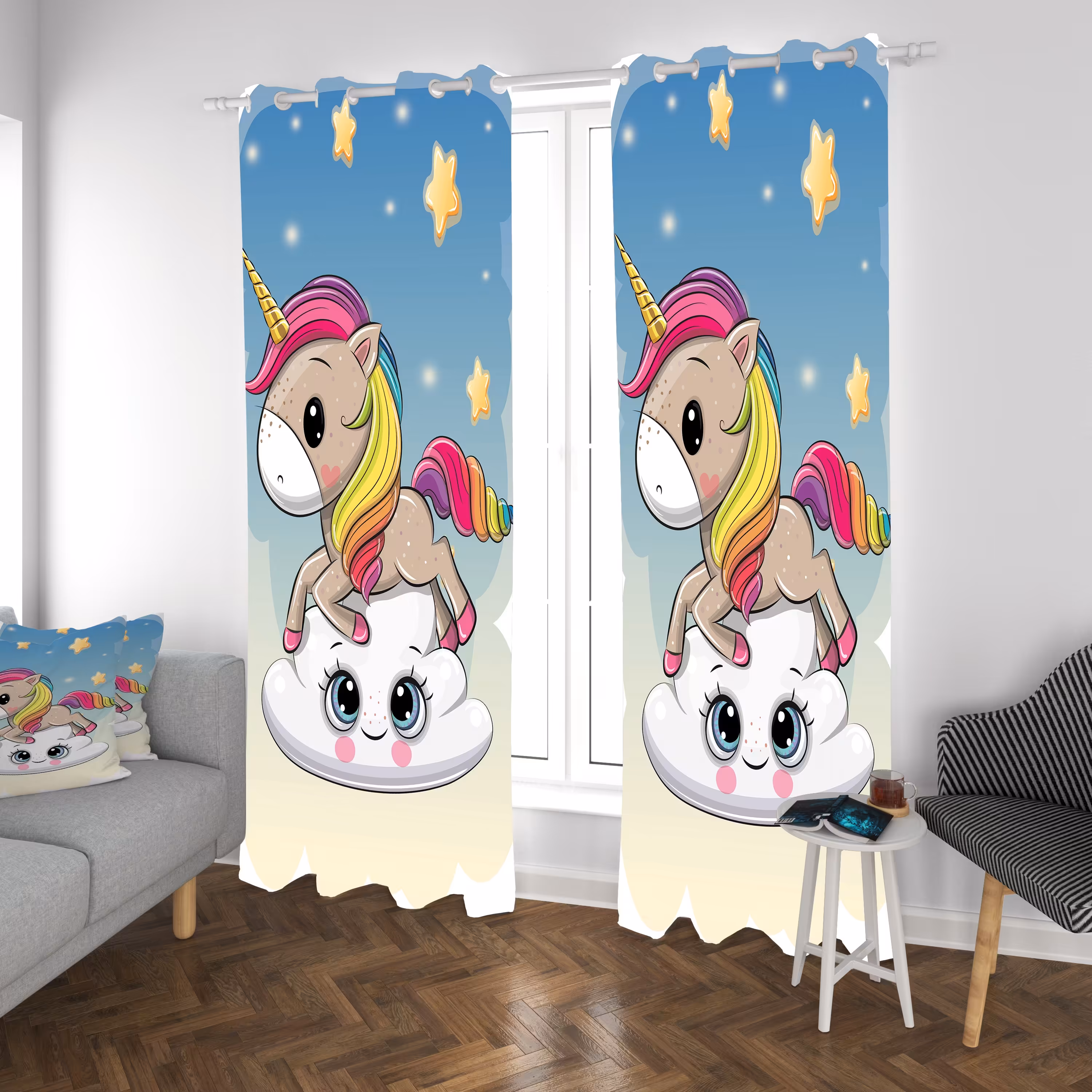 پرده اتاق کودک طرح یونیکورن(اسب تک شاخ)