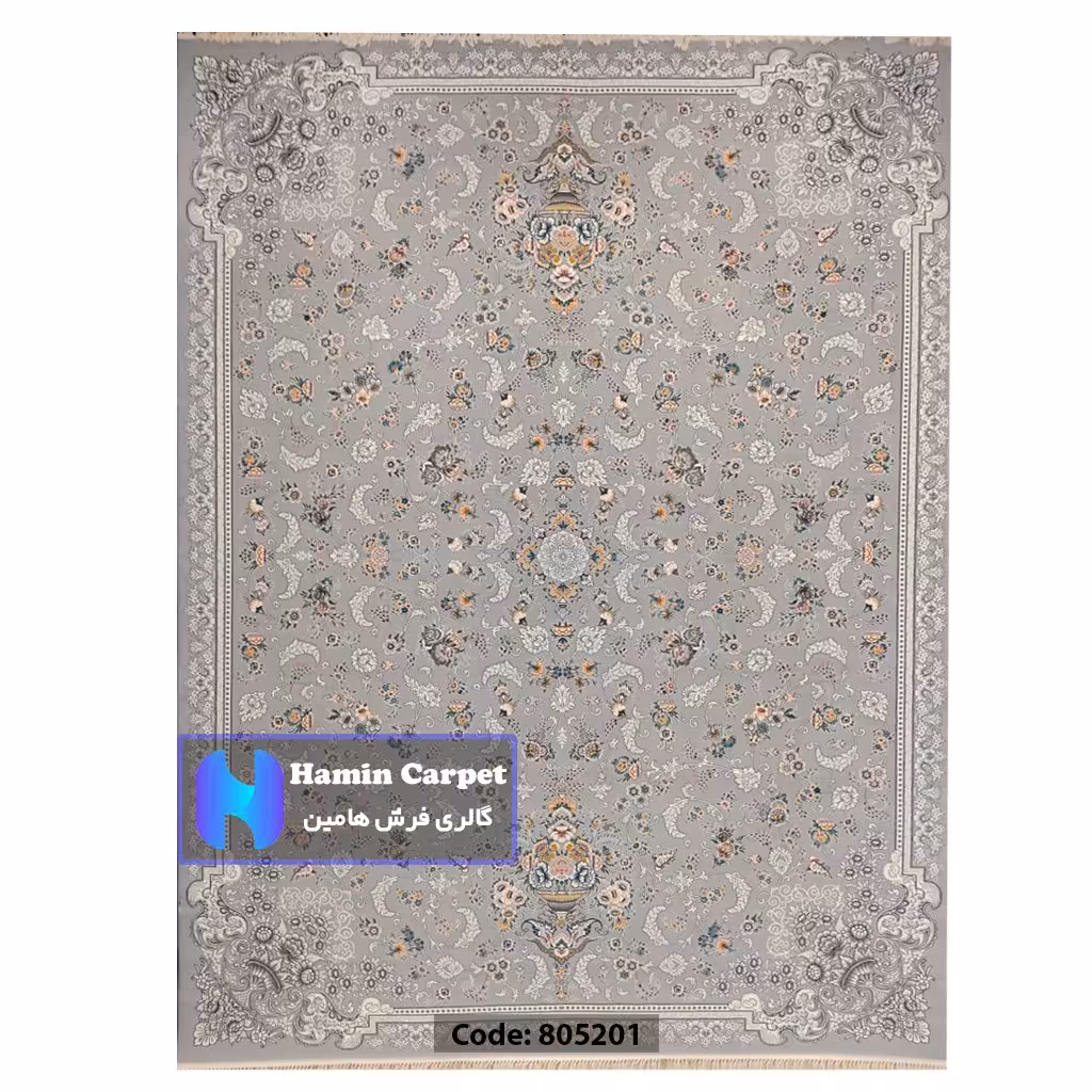 فرش 9 متری 700شانه تراکم 2550 نخ آکلریک رنگ زمینه نقره ای کد AR805201