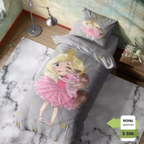 روتختی یک نفره(یکنفره) دخترانه سه بعدی طرح دختر و یونیکورن زمینه های سفید صورتی و طوسی جنس  میکروتترون 