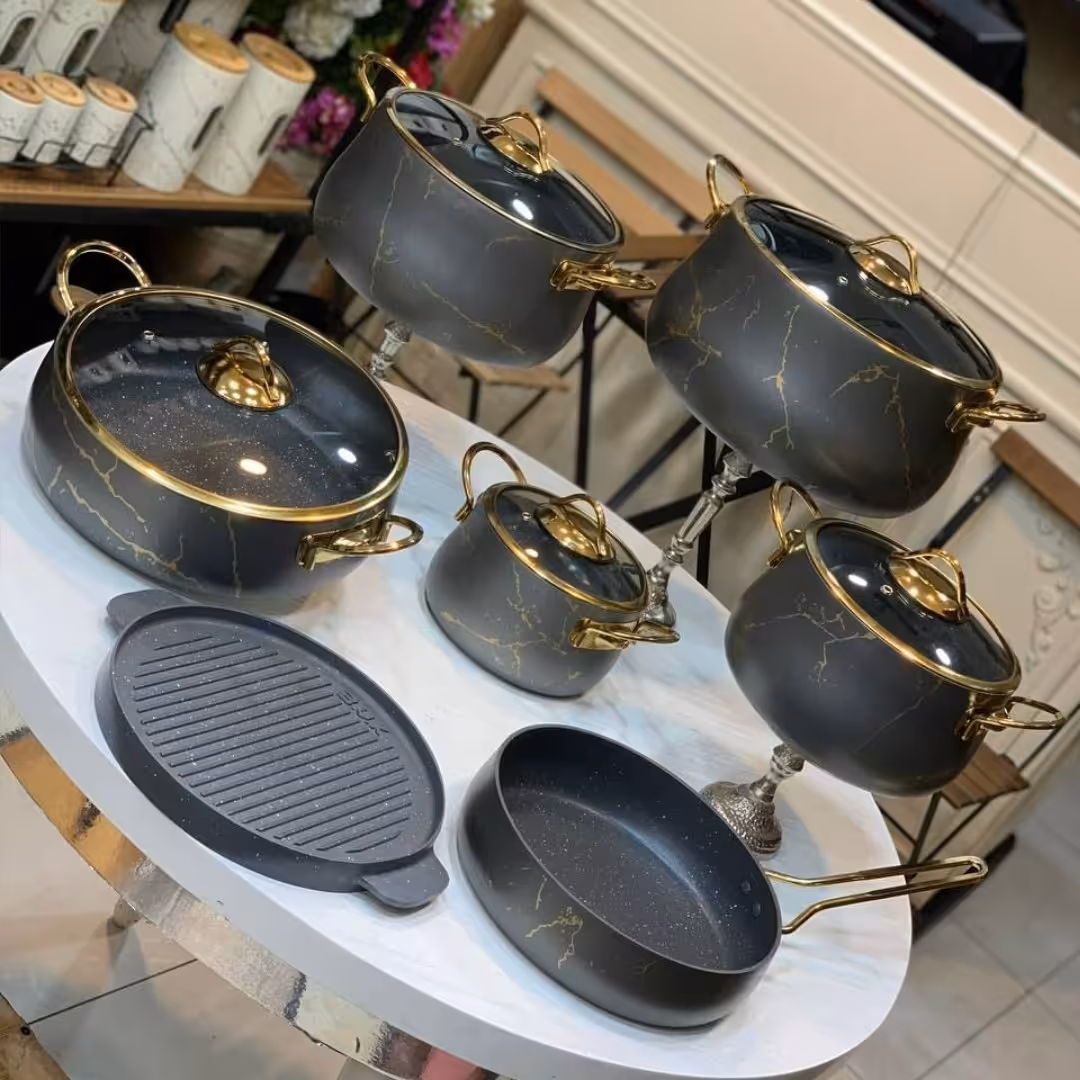 سرویس قابلمه چدن گرانیت برند BVK  کد 715516 رنگ ماربل دودی 