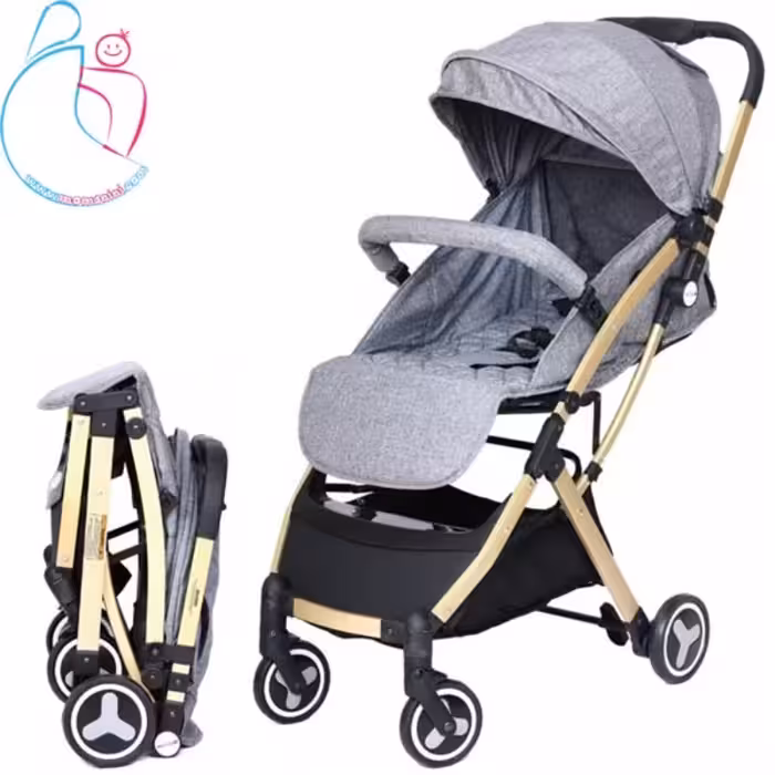 کالسکه مسافرتی ریچ کیدز Rich Kids فریم طلایی رنگ طوسی مامز نینی