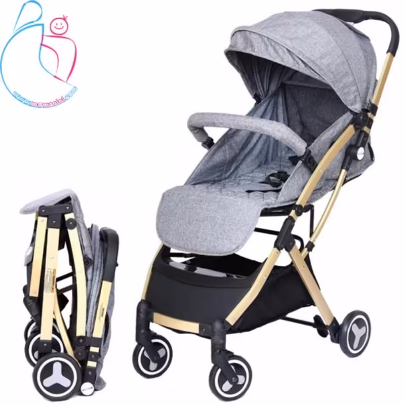 کالسکه مسافرتی ریچ کیدز Rich Kids فریم طلایی رنگ طوسی مامز نینی