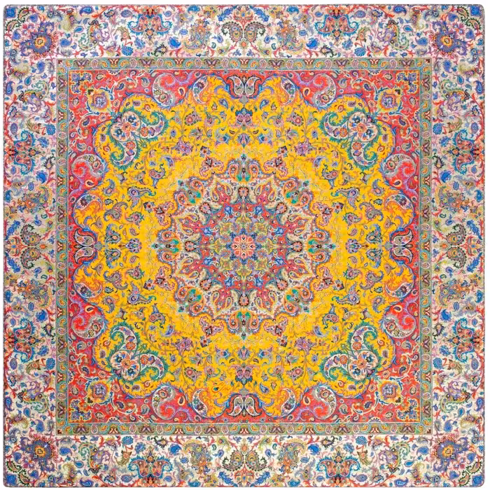 رومیزی ترمه سالاری یزد طرح آوا ابریشمی ـ مربع یک متر (بغچه) ـ زرد تارسفید