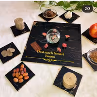 تخته کیک خوری و زیرلیوانی طرح سنگ مشکی طلایی رزینی سفره هفت سین