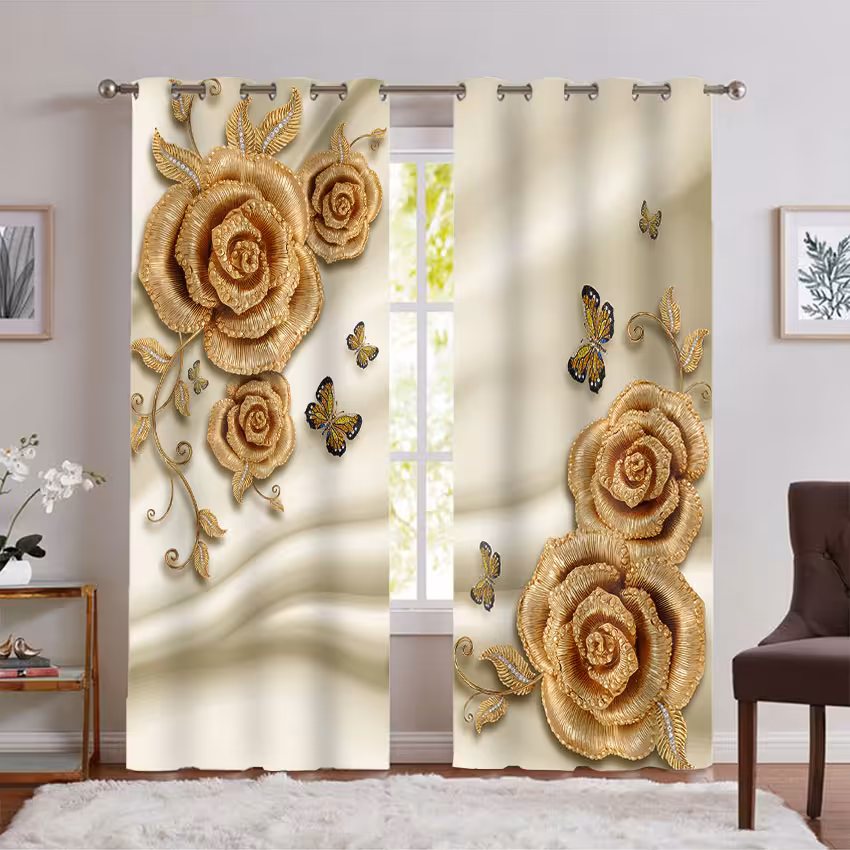 پرده سه بعدی مدل گل سه بعدی طلایی PK-7495