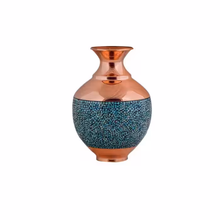 بلونی یا گلدان شکمی مس و فیروزه کوبی نیشابور 23 سانت گلدان خمره ای صنایع دستی سایروس 