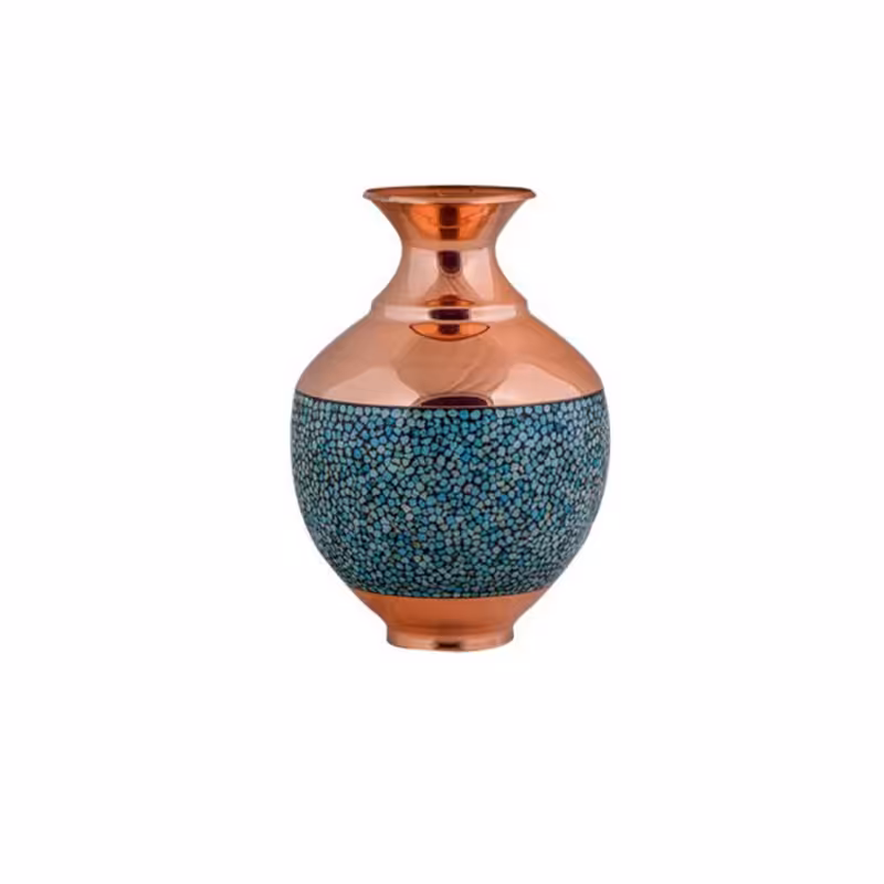 بلونی یا گلدان شکمی مس و فیروزه کوبی نیشابور 23 سانت گلدان خمره ای صنایع دستی سایروس 