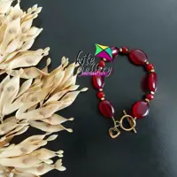 دستبند دخترانه عقیق سرخ و حدید و جید با قفل استیل و آویز استیل رنگ ثابت