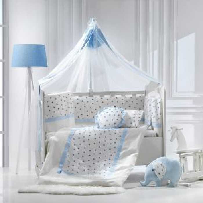 سرویس خواب مامی شاپ نوزادی گارددار 9 تکه  اصل ترکیه 80*135 سانتیمتر رنگ طوسی سفید با نوار  ابی طرح فیل momi shop