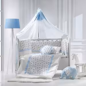 سرویس خواب مامی شاپ نوزادی گارددار 9 تکه  اصل ترکیه 80*135 سانتیمتر رنگ طوسی سفید با نوار  ابی طرح فیل momi shop