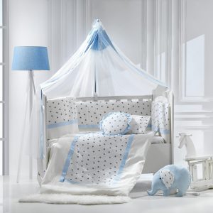 سرویس خواب مامی شاپ نوزادی گارددار 9 تکه  اصل ترکیه 80*135 سانتیمتر رنگ طوسی سفید با نوار  ابی طرح فیل momi shop