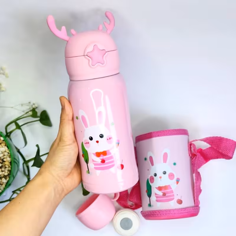 قمقمه استیل شاخدار دوجداره دو درب کاوردار طرح خرگوش