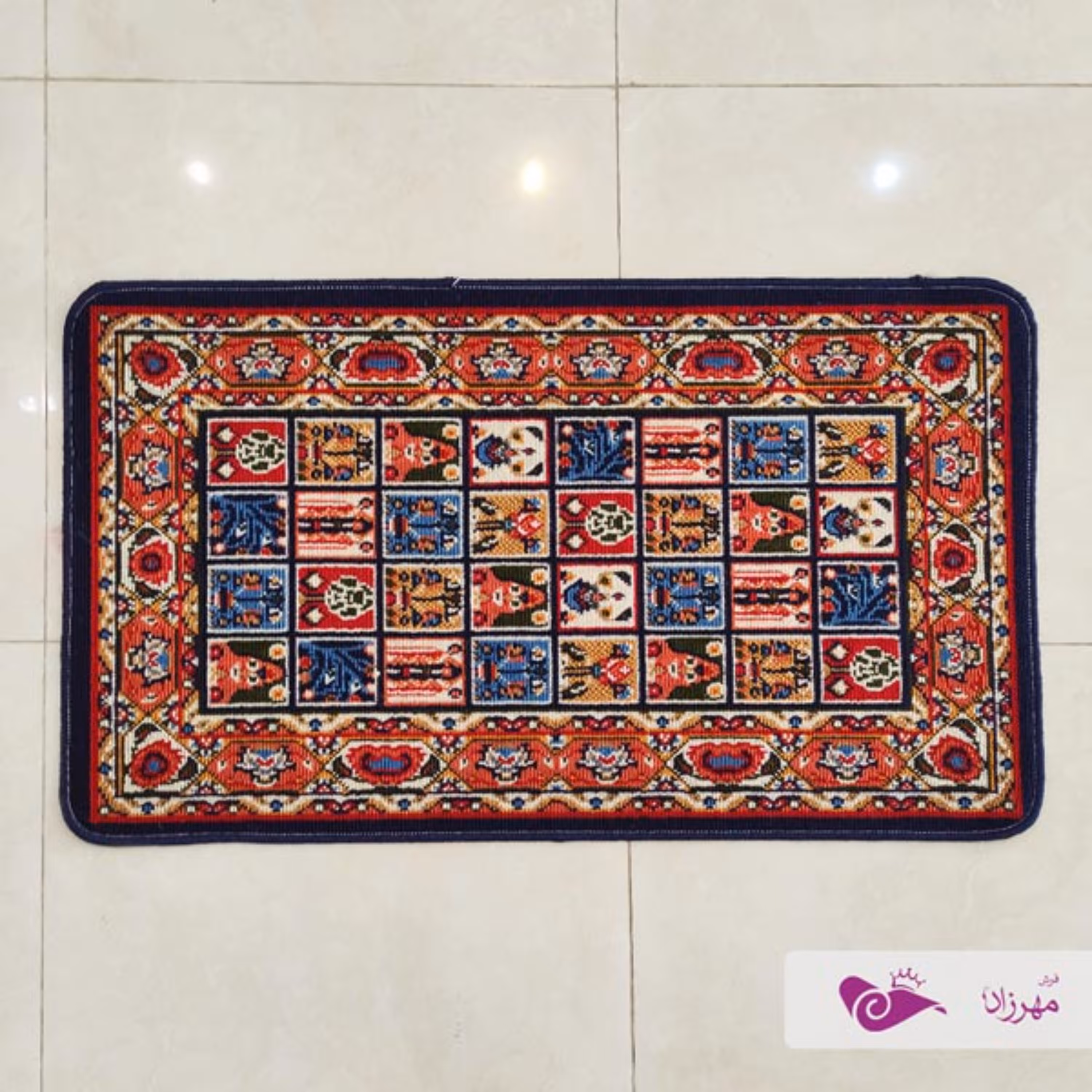 گلیم ماشینی سایز 60 در 100 نقشه خشتی سرمه ای 