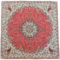 رومیزی مربع ترمه ابریشم کد TRM184 نفیس رنگ قرمز کم رنگ آستر زرشکی مغزی دوزی