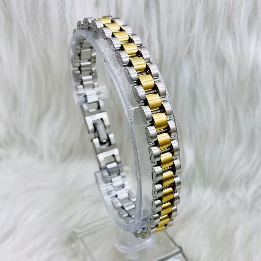 دستبند استیل رولکس دورنگ
 