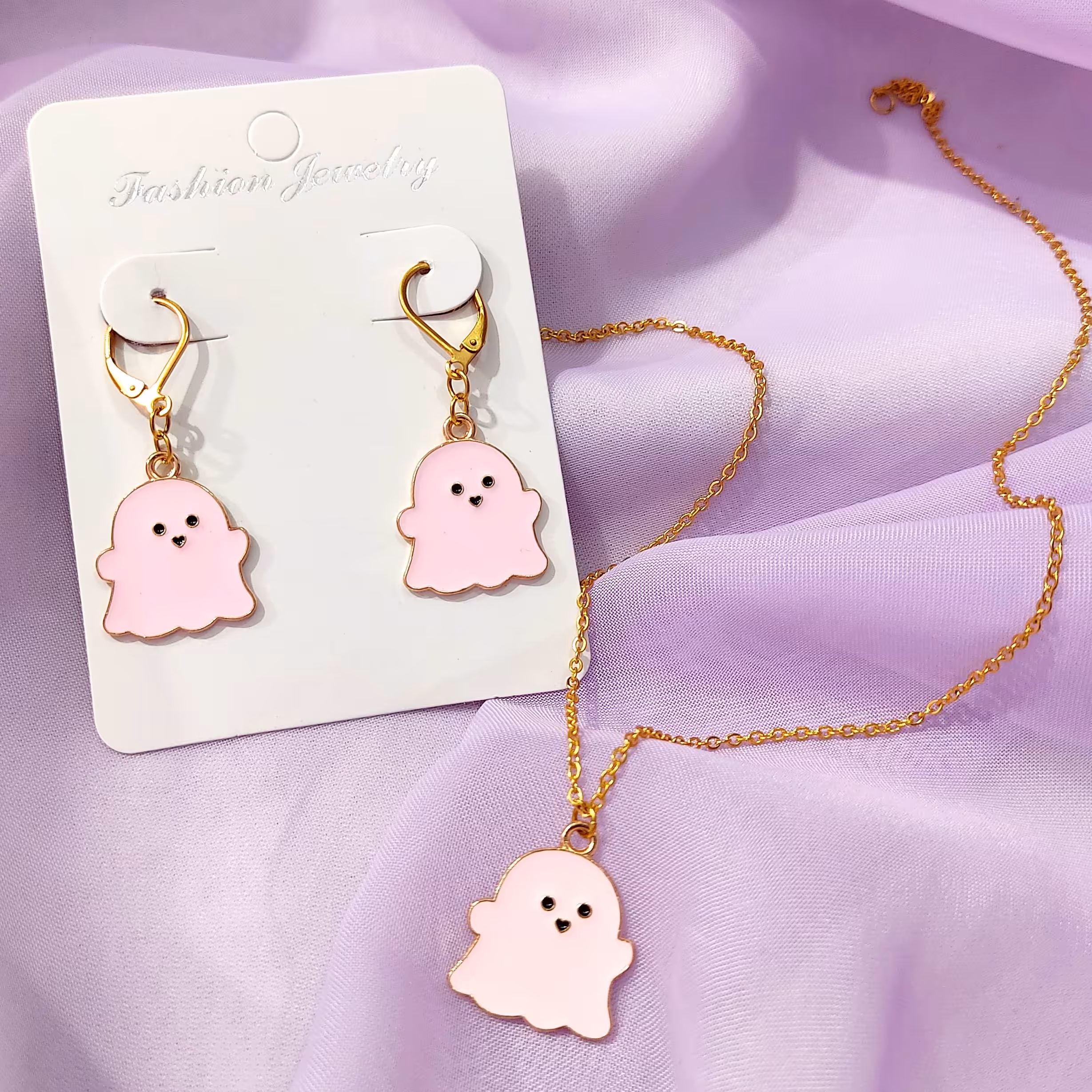 نیم ست فانتزی استیل روح کیوت صورتی به همراه جعبه کادویی