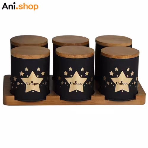 جا ادویه 6 تایی درب بامبو با پایه بامبو مدل UN-8099 کد 286