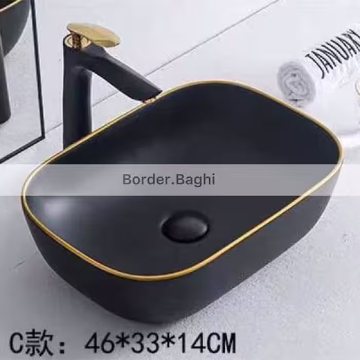کاسه روشویی  مدل مستطیل کوچک مشکی مات لب طلا گرد