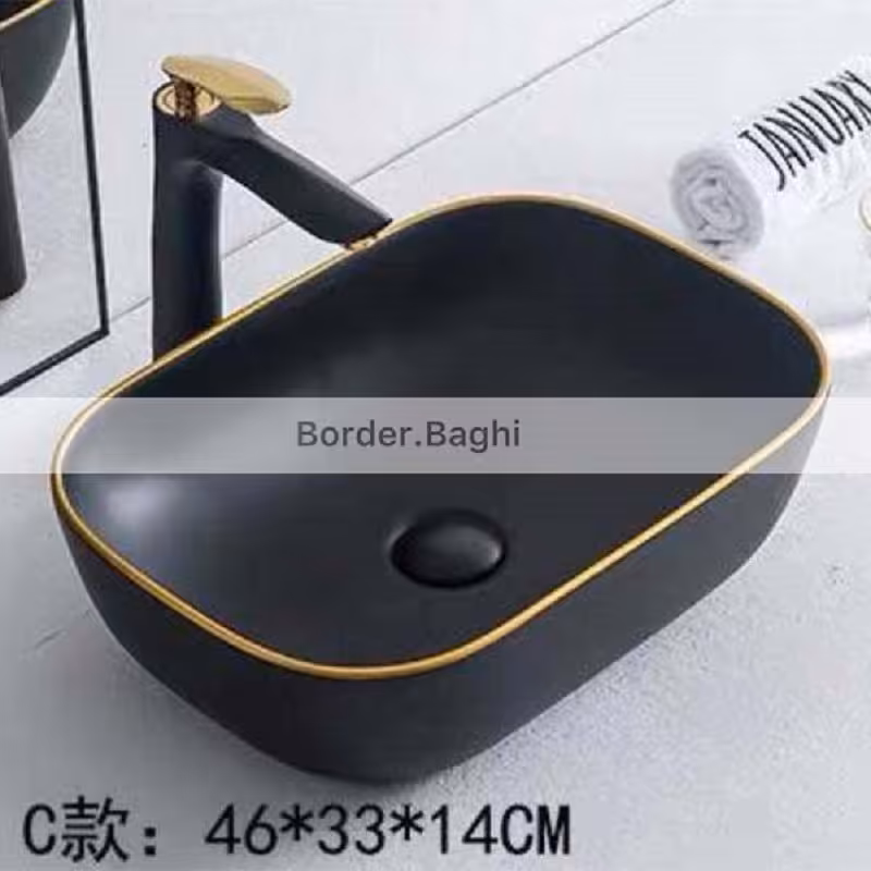 کاسه روشویی  مدل مستطیل کوچک مشکی مات لب طلا گرد