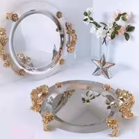 سینی نگار تمام استیل دسته طلا مدل گلستان دایره  سایز  کوچک مناسب 6 عدد فنجان (پس کرایه)
