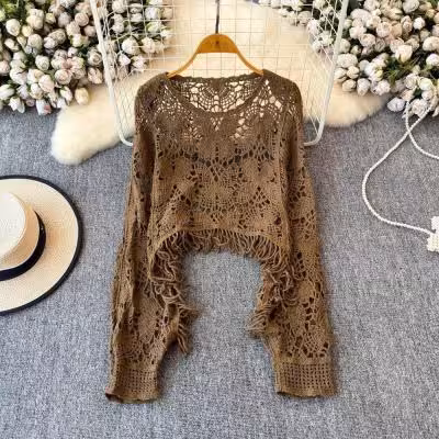 بلوز قلاب بافی ریش ریشی عیدانه زنانه از الیاف نخی بسیار باکیفیت