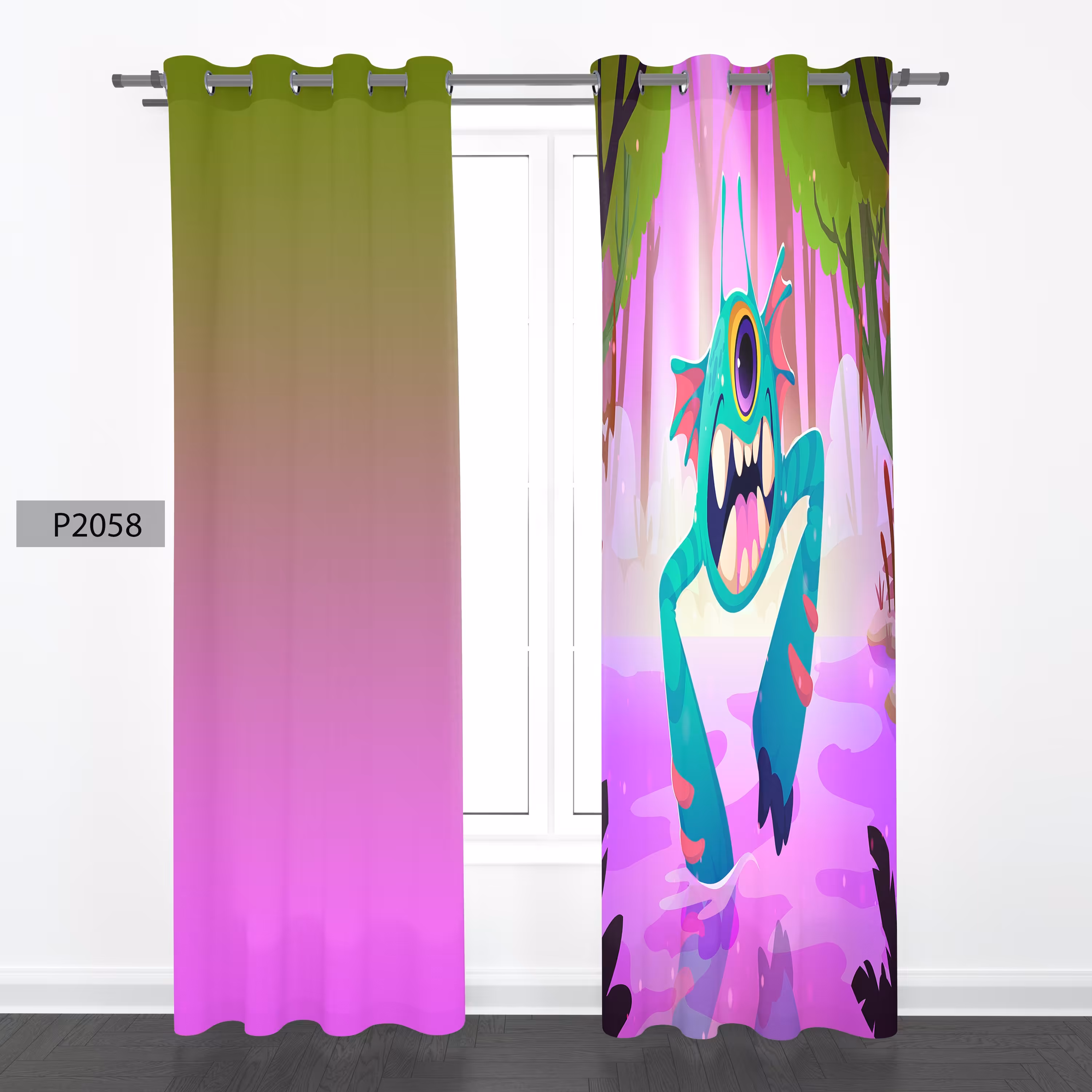 پرده هازان چاپی دوقواره دوخته شده پانچ شده هر قواره عرض 140ارتفاع 190 کد2058