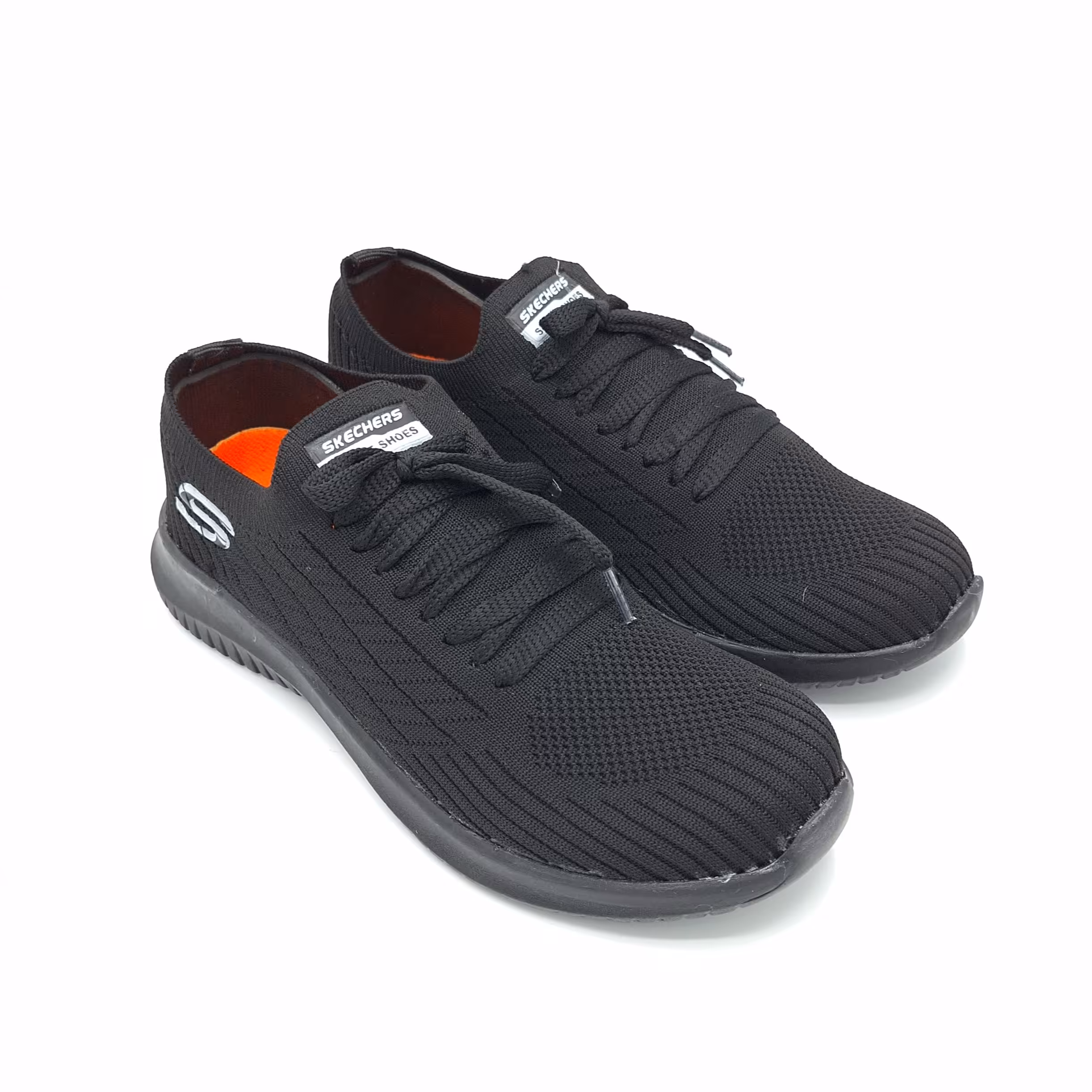 ست زوج کفش اسپرت جورابی تمام مشکی اسکیچرز زنانه و مردانه زیره پیو خیلی سبک و نرم ورزشی پیاده روی  راحتی  ارسال رایگان 