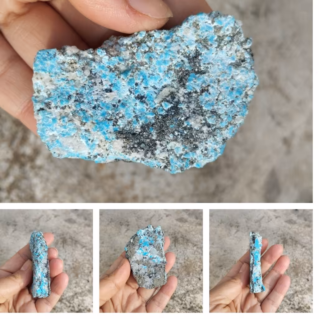 سنگ راف فیروزه با پیریت طلایی زیبا  کلکسیونی و مناسب دکور  یا ساخت نگین معدنی و اصل از معدن کرمان