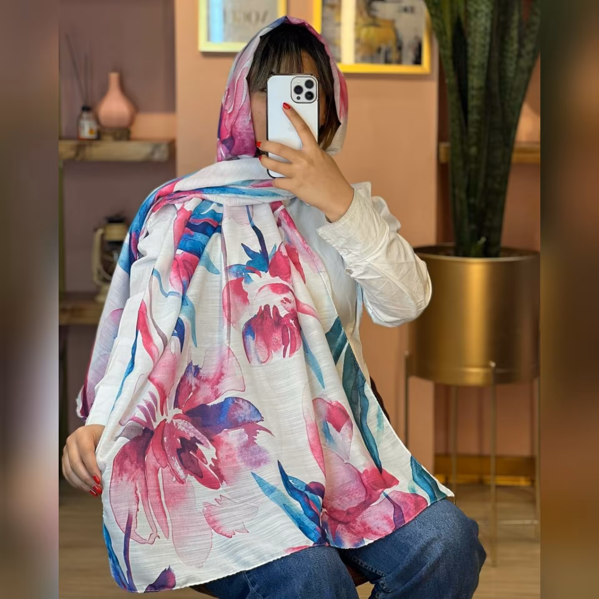 شال صورتی آبرنگی بهاره تابستانه