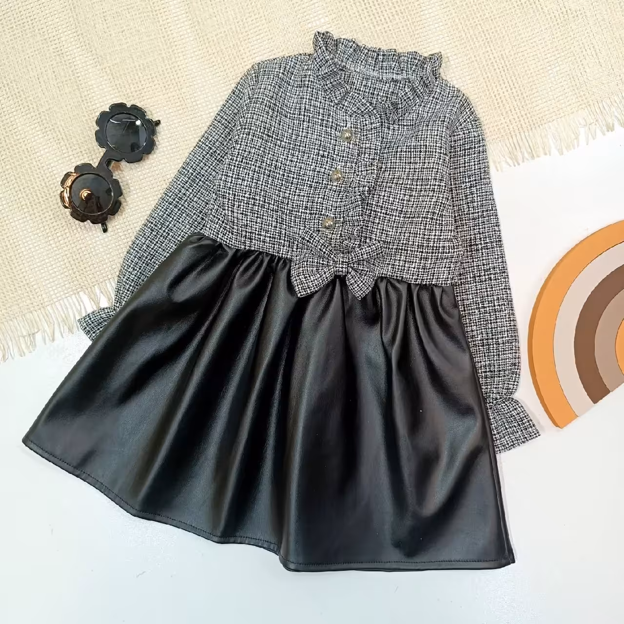 پیراهن دامن چرم پاپیونی در 5 سایز