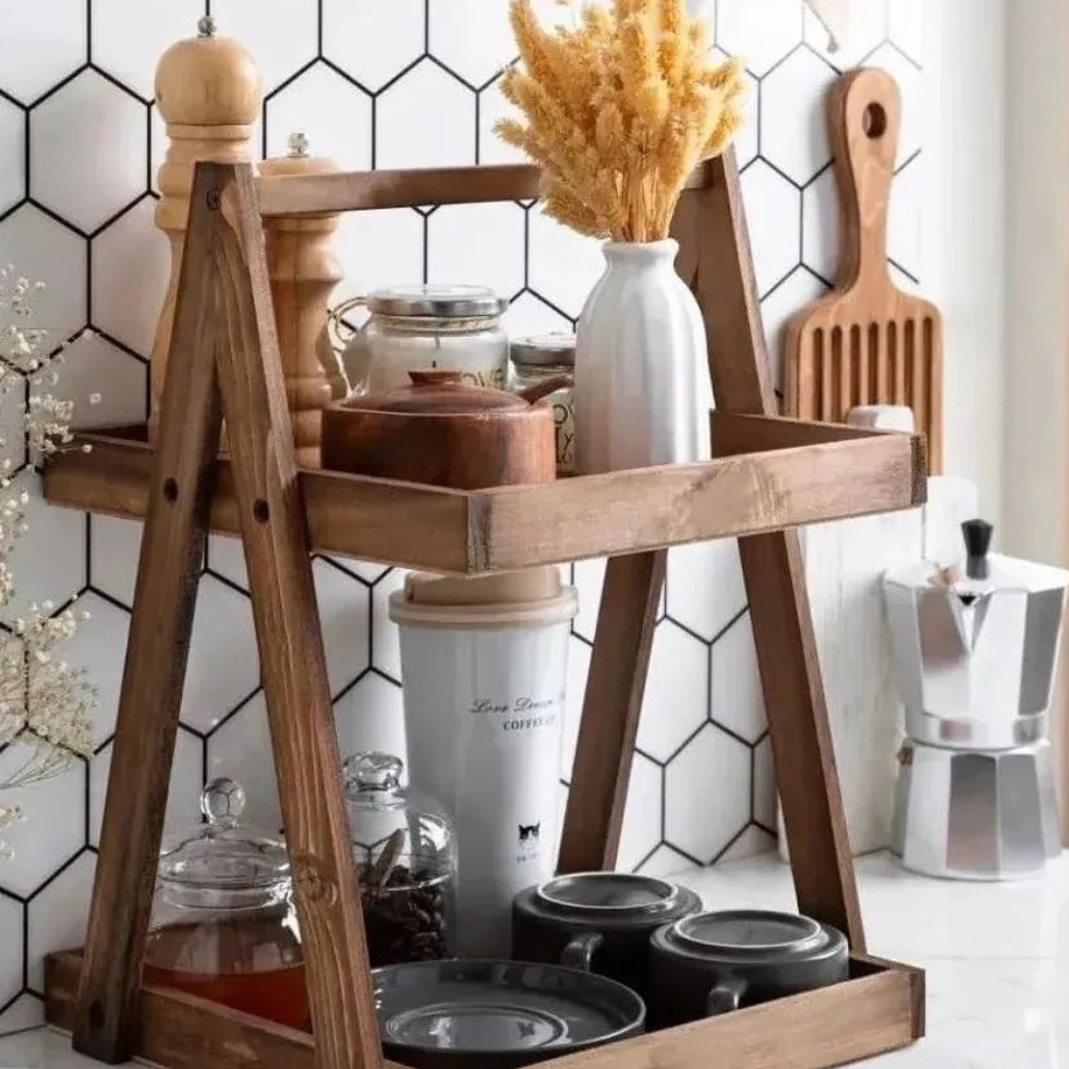 استند چوبی دوطبقه دسته دار رومیزی شیک
