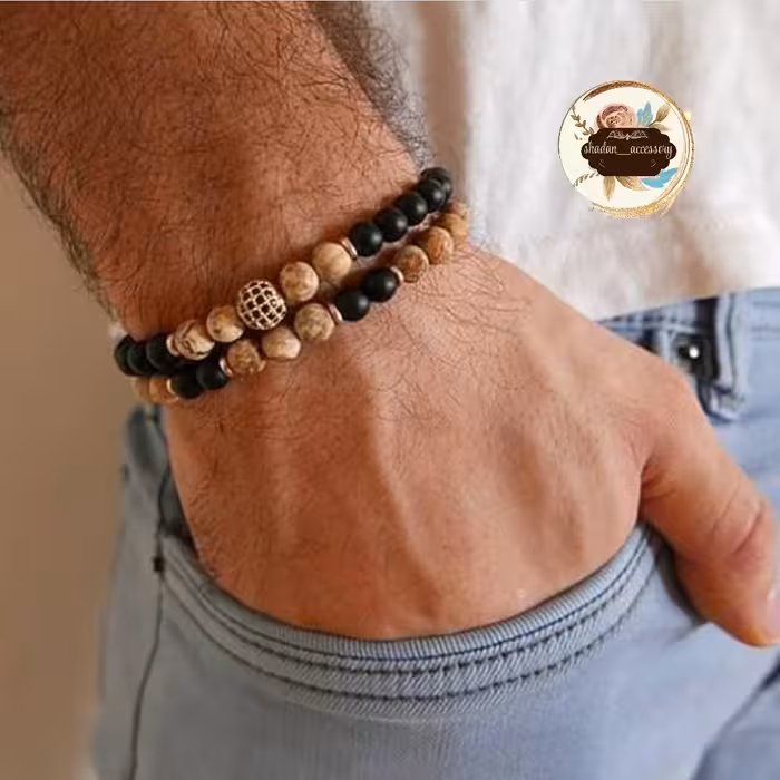 ست دستبند سنگ جاسپر و اونیکس با پلاک نگین دار گوی سوارسکی اصل تمام رنگ ثابت 