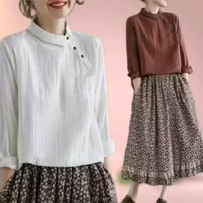 شومیز نخی آستین بلند یقه بسته