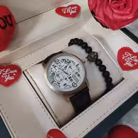 ست ساعت چرم مردانه مشکی و دستبند 