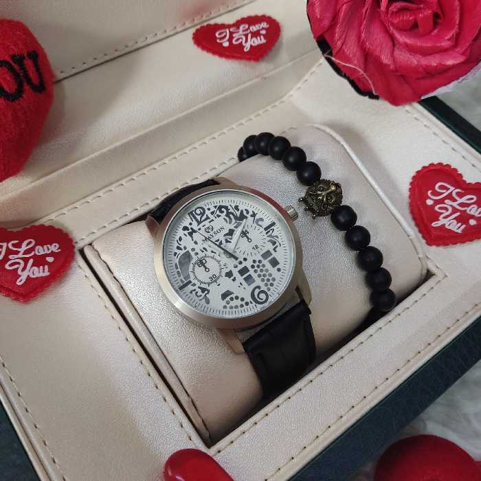 ست ساعت چرم مردانه مشکی و دستبند 