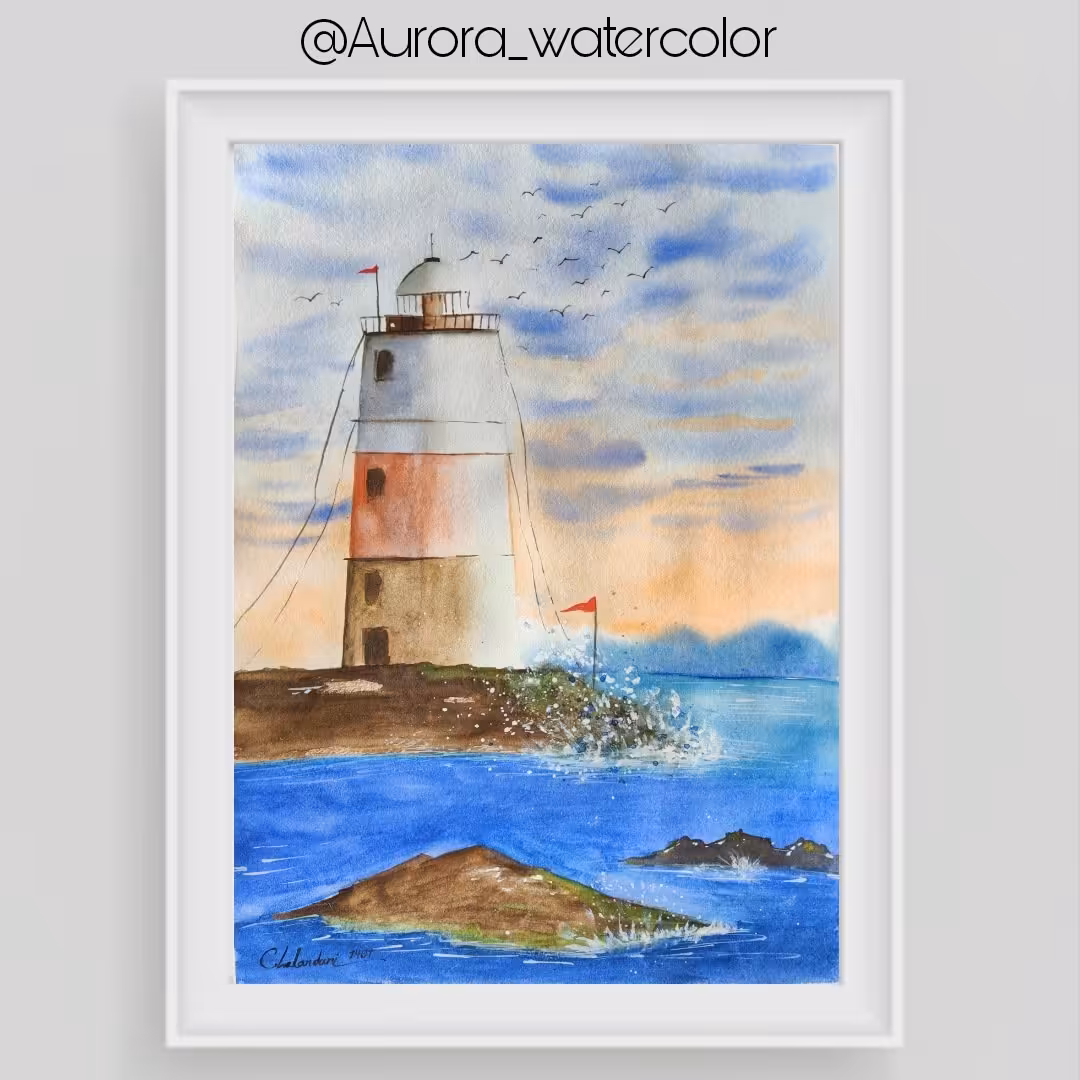 نقاشی فانوس دریایی تکنیک آبرنگ