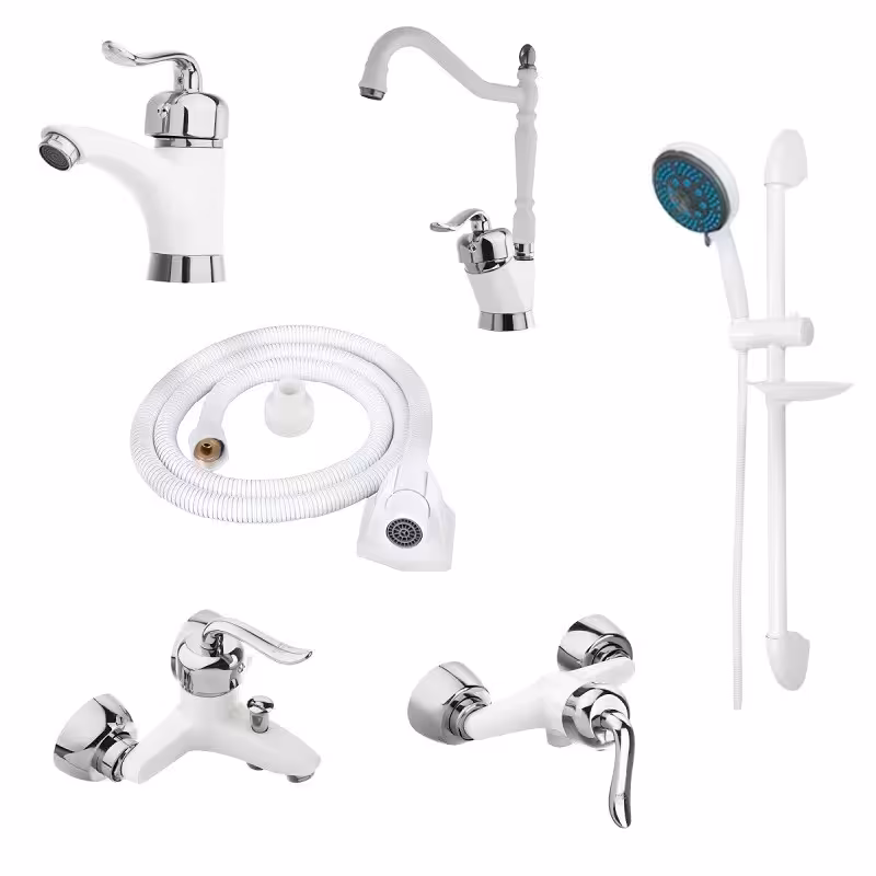 ست کامل شیرآلات قاجاری سفید کروم و علم دوش تک کاره و شیلنگ توالت