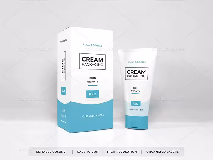 طرح موکاپ تیوپ کرم با جعبه | گرافیک با طعم تربچه