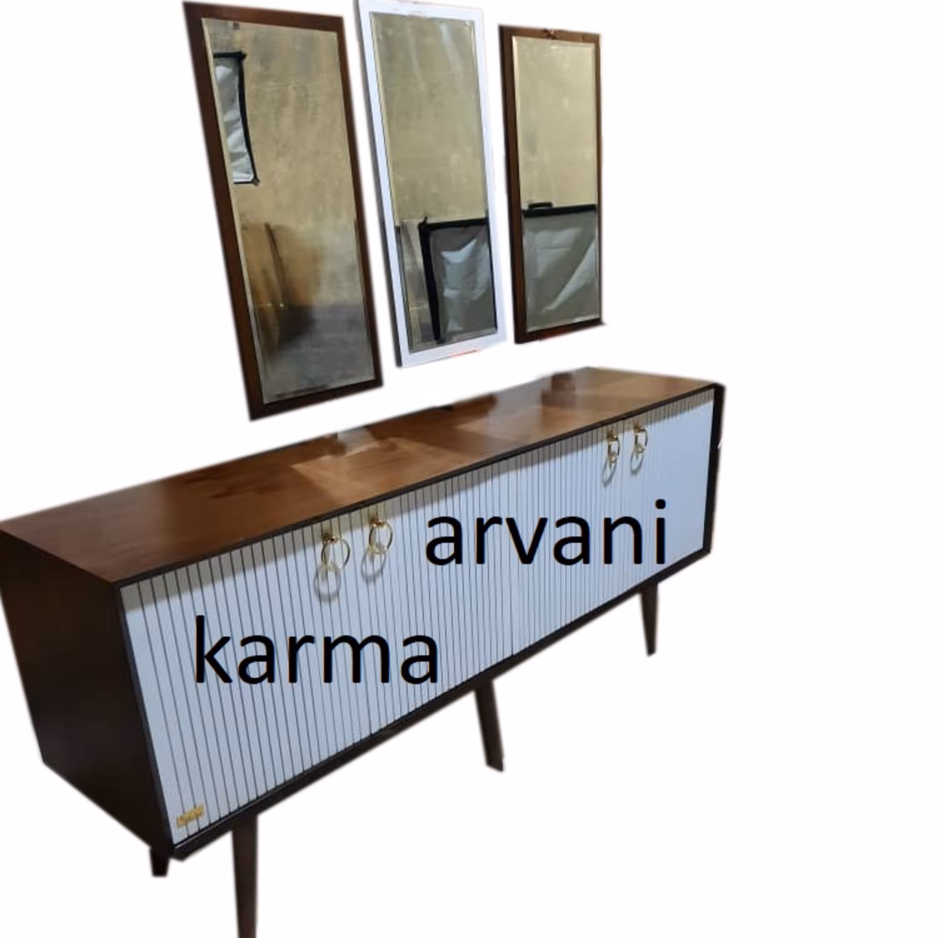 ست آینه کنسول و میز تلویزیون سفید و مشکی شیاری چوبی برند کارما ارسال رایگان