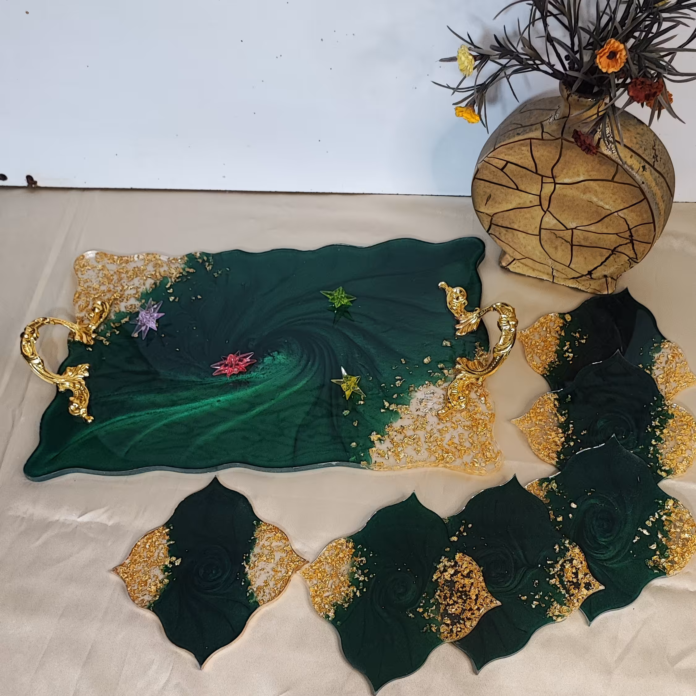 ست سینی و زیرلیوانی رزین، مناسب برای پذیرایی، جهیزیه و کادویی